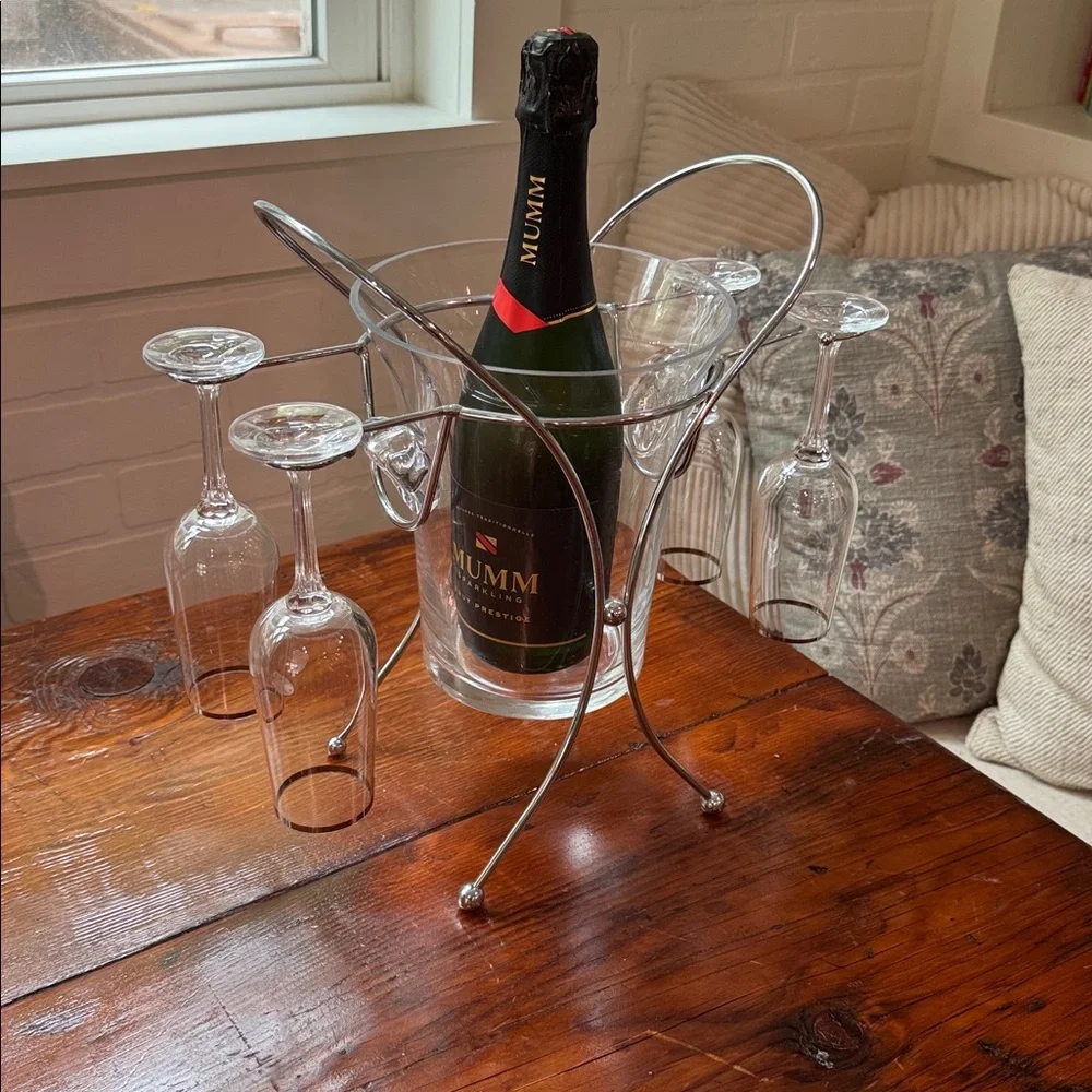 Vintage Glass Godinger Champs Ice Bucket and 4 Silver Rimed Champ Glasses